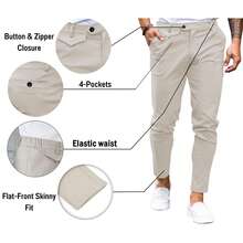 Runcati Mens Chinos Slim Fit Pants Flat Front Stretch Skinny Tapered Dress Pants Comfort Casual Solid Trousers - 米色 - 查看 5