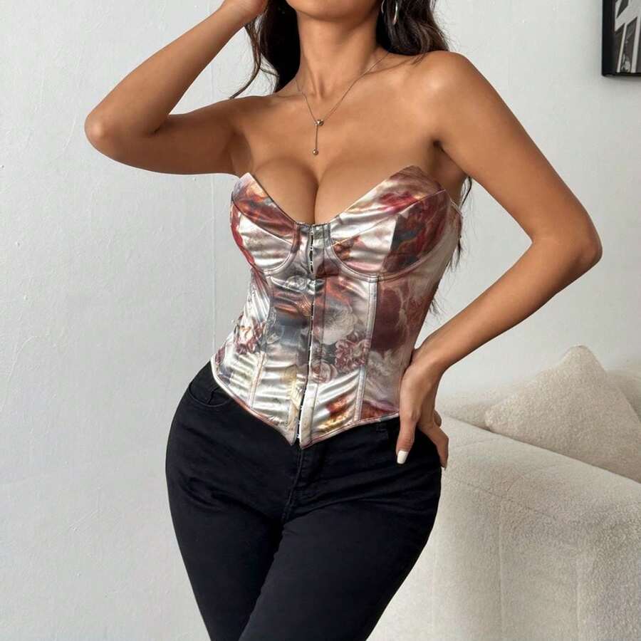 Retro Corset Print Chest Wrapped Fishbone Front Buckle Back Adjustable Strap Tight Corset - 卡其色 - 查看 1