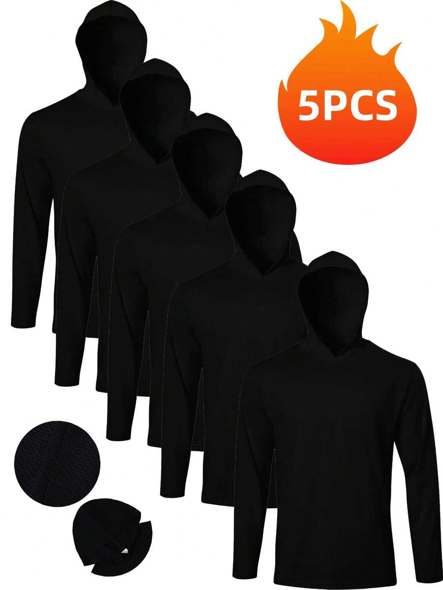 Men's 5-Pack Performance Long Sleeve Hoodies - Breathable Polyester Micro Mesh | Athletic Fit For Sports & Casual Wear - 黑色 - 查看 1