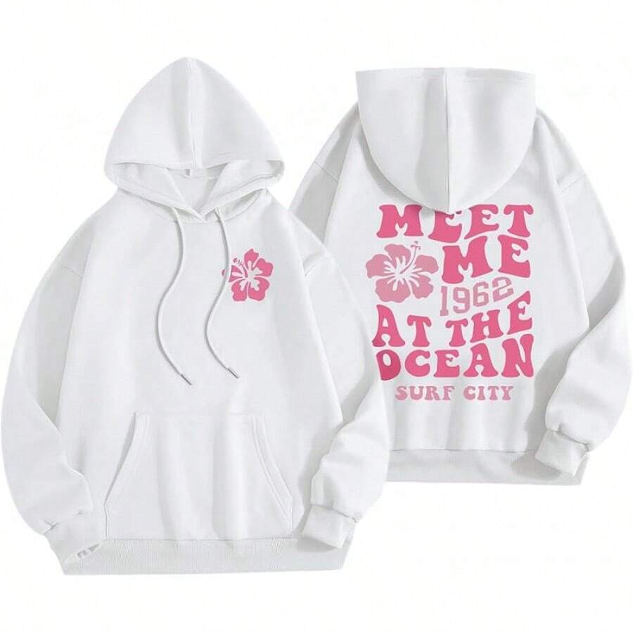 [Cotton Blend] Cute Pink Flower Hoodie For Wo Preppy Sweatshirts  Puff Print Letter Graphic Hoodies Casual Pullover Tops- Unisex Women's & Men's Daily Wear - 白色 - 查看 1