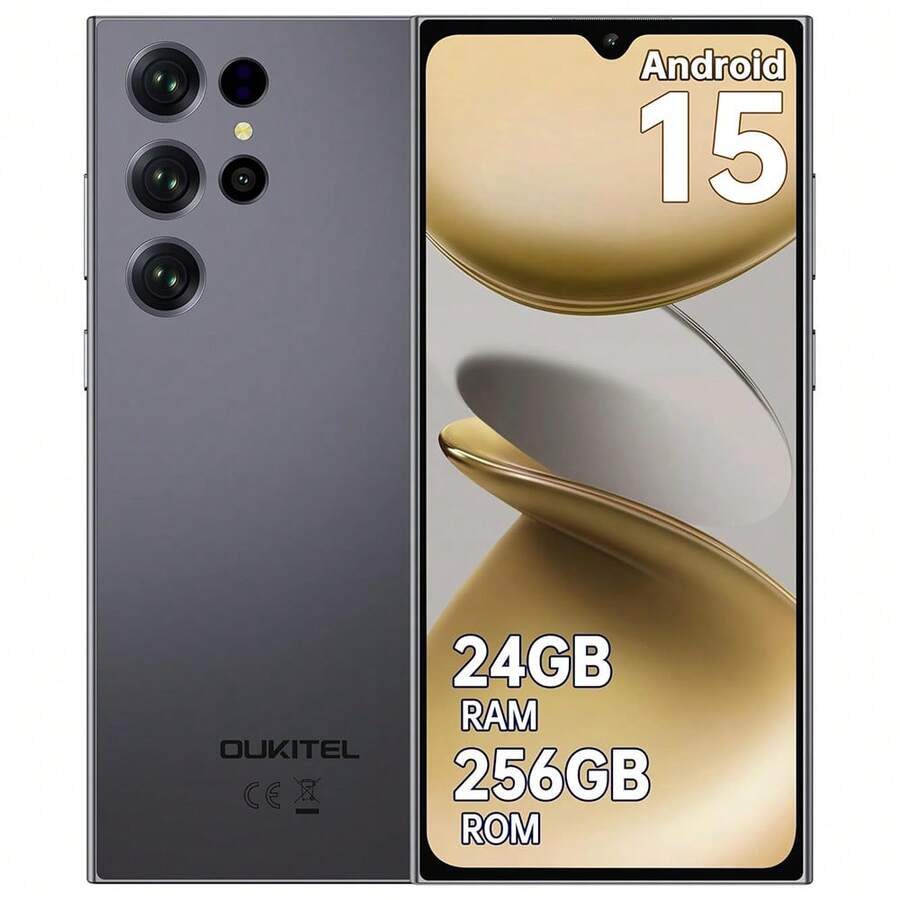 OUKITEL C61 Pro Android 15 手机（无合约）, 24GB+256GB/1TB 智能手机（无合约）, 6.88 英寸 HD+ 90Hz 屏幕 5150mAh 手机, 13MP+5MP 摄像头, 4G 双卡智能手机, NFC/指纹/Face ID/OTG