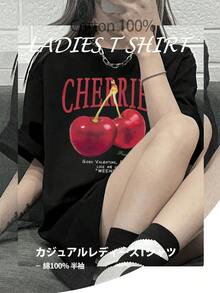 New Summer Women Cute Cherry Print Round Neck Casual Short Sleeve T-Shirt - Black - View 6