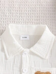 2 件套男婴纹理口袋熊刺绣衬衫和短裤街头时尚儿童套装