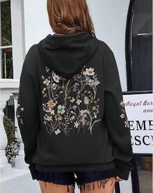Women's Floral Printed Hoodies Vintage Aesthetic Flower Graphic Sweatshirt Cute Boho Fleece Thermal Hoodie Pullover - 黑色 - 查看 4