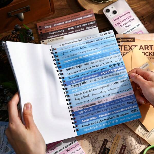40pcs/Book, Text-Themed Stickers, Text Art Series Sticker Book, Versatile Content, Suitable For Journaling, Scrapbooking, Decoration, Card Making, Great For Students Back To School Gifts, Birthday Gifts, Christmas, Halloween Gifts