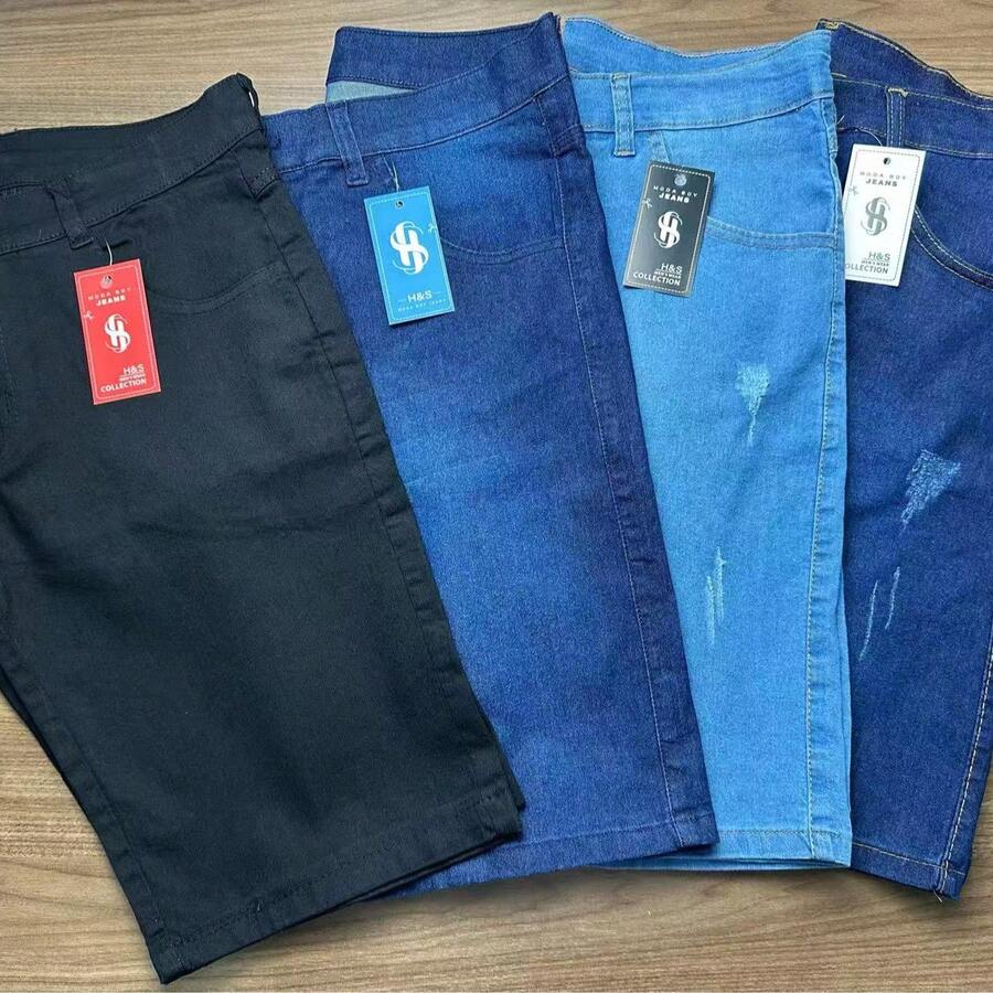 Kit 4 Bermuda Jeans Worn Out Black Light Dark Men's With Elastane SLIM Direct From The Premium Factory Various Washes - 中等水洗藍 - 查看 1