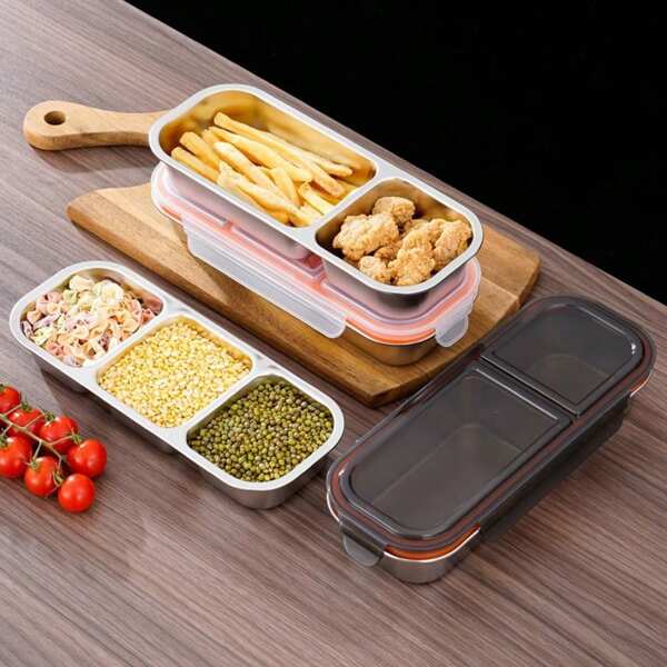 2/3 Grids Stainless Steel Lunch Box Fresh-Keeping Food Storage Container Leak-Proof Seasoning Tray With Lid Portable Fruit Food Fresh Box Outdoor Activities