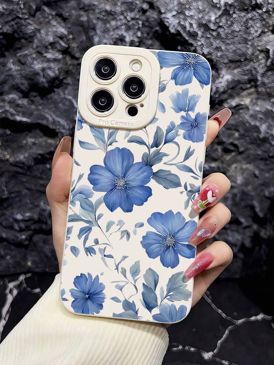 1pc Flower Pattern Full Coverage Shockproof TPU Phone Case Compatible With IPhone Apple 16, 15, 14, 13, 12, 11 Pro Max, Blue - Multicolor - View 1