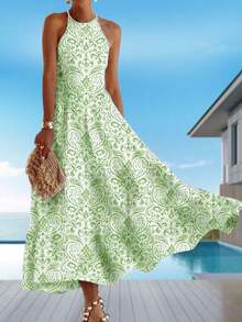 新款流行时尚休闲度假风轻盈优雅女士修身连衣裙，适合户外、居家、旅行、办公等多种场合，是春夏派对的理想之选。吊带圆领复古印花长裙，尽显优雅气质。 - 綠色 - 查看 2