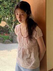 女式甜美蕾丝边 V 领宽松套头短袖衬衫，夏季百搭 - 粉色 - 查看 1