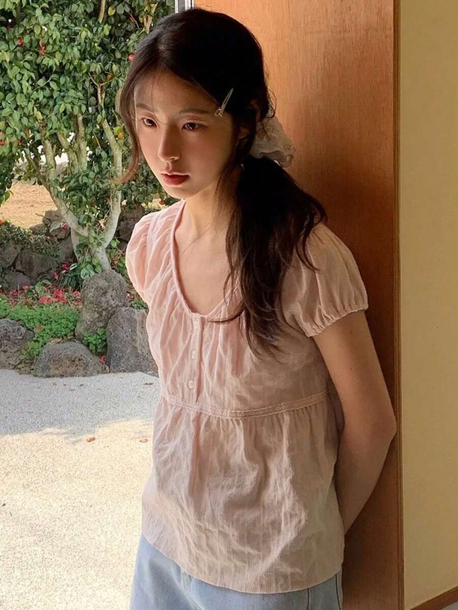 女式甜美蕾丝边 V 领宽松套头短袖衬衫,夏季百搭 - 粉色 - 查看 1