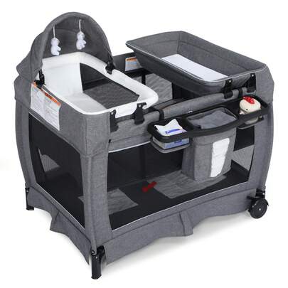 Kinder King 4 In 1 Foldable Pack And Play With Bassinet & Changing Table, Portable Playard For Babies And Toddlers, Convertible Newborn Crib Baby Bed With Canopy, Storage Bag, Gray