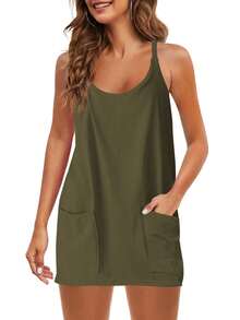 Womens Sleeveless Athletic Hot Shot Mini Dress With Built-In Shorts Sundress - Army Green - View 7