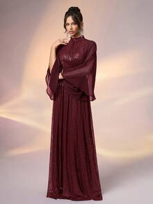 YISIKADO 女士优雅高领亮片撞色雪纺喇叭袖长款晚礼服，适合正式宴会、婚礼宾客、毕业典礼、春季派对等场合。 - 酒紅色 - 查看 6