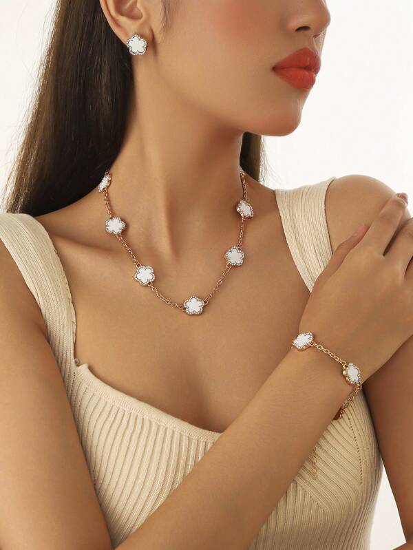 1 Conjunto de 4 peças de brincos, pulseira e colar de joias com aplicações de metal e strass acrílicos em forma de trevo, acessórios de moda para mulheres, presente de verão, uso diário