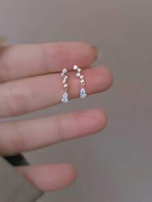 1 Pair 925 Silver Drop-Shaped Zirconia Dangle Earrings With Diamond Accents, Simple & Elegant French Style, Luxury & Personalized - Multicolor - View 4