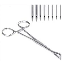 Kit de piercing cu 9 bucăți, ace, cleme, forceps și mănuși asortate - ideal pentru urechi, nas, buric, limbă, mamelon, sprâncene și buze 14G/16G/18G/20G