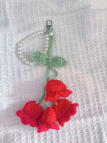 1pc Handmade Crochet Lily Of The Valley Keychain With Pearl Chain, Boho Style Bag Charm, Decorative Pendant For Backpacks Or Bags, Unique Birthday Gift Or Party Favor, 22cm (8.66 Inches) Length, Floral Design In Pastel Colors, Crochet Flowers