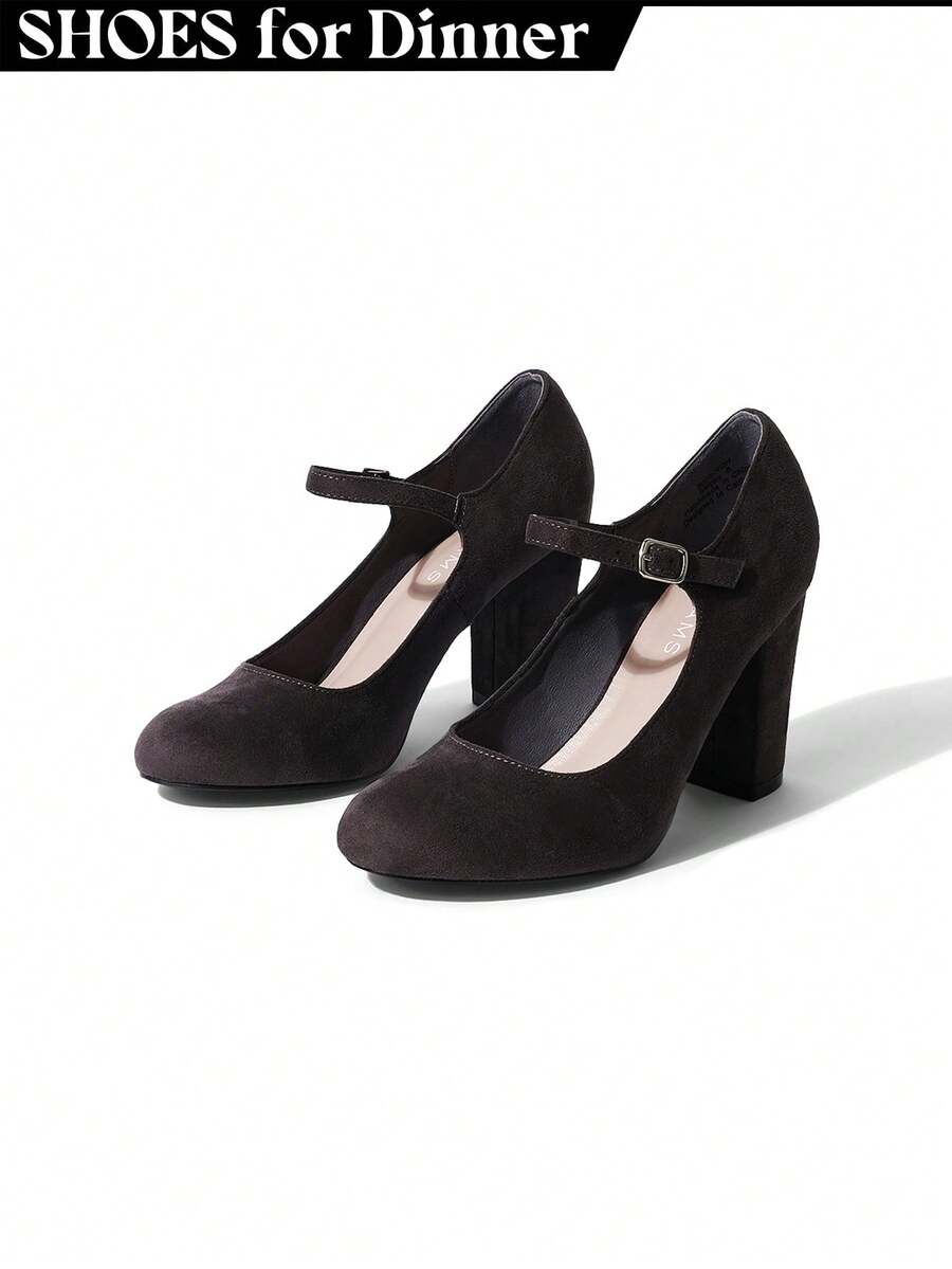 Women's White Wine Rose Gold Black Taupe Beige Grey Lipstick Natural Snake Mary Jane Pumps – Round Toe Ankle Strap Vintage Dress Heels [Size Up Half Size] - 灰色純素絨面革 - 查看 1