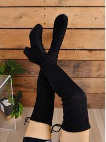 2025 Fall/Winter New Thick Heel Thigh High Boots, Elastic Pointed Toe Tall Boots For Women - Black - View 5