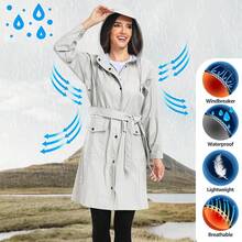 UNIQUEBELLA Rain Jackets For Women Waterproof, Raincoat Long Hooded Rain Coats Outdoor Windbreaker Trench Coat - Tc-米色-03 - 查看 3
