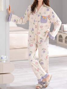 2 pièces/Set Femmes Pyjama Ouvert Devant Col V, Haut à Manches Longues et Pantalon Long, Vêtements Confortables pour la Maison, Printemps/Automne, Vêtements Automne Hiver - Parme - Voir 4