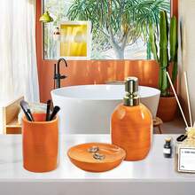一套精美彩色浴室配件，3件套时尚浴室配件套装，包括金/银色皂液器、漱口杯和皂碟，现代装饰波浪形陶瓷浴室配件套装；3件套浴室配件套装，包括牙刷架、皂液器、牙刷杯和皂碟，礼品之选 - 彩色 - 查看 2