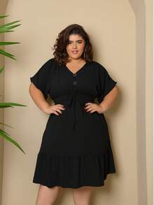 Batwing Dress Plus Size Midi Short Sleeve Duna Fabric Size U/G1 From 44 To 50 With Front Buttons Fashion Elegant Simple Casual Elegant Party Ruffle Hem Buttons On The Front Knot Wedding - 黑色 - 查看 2