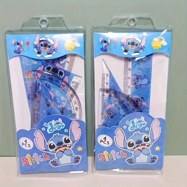 Disney Juego de 4 reglas con diseño de Stitch de Disney - Regla triangular azul y útiles de matemáticas, juego de artículos de papelería de plástico duradero, regla triangular Stiizer