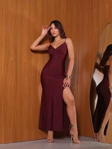Dress With Side Slit - Gỗ đỏ - Xem 3