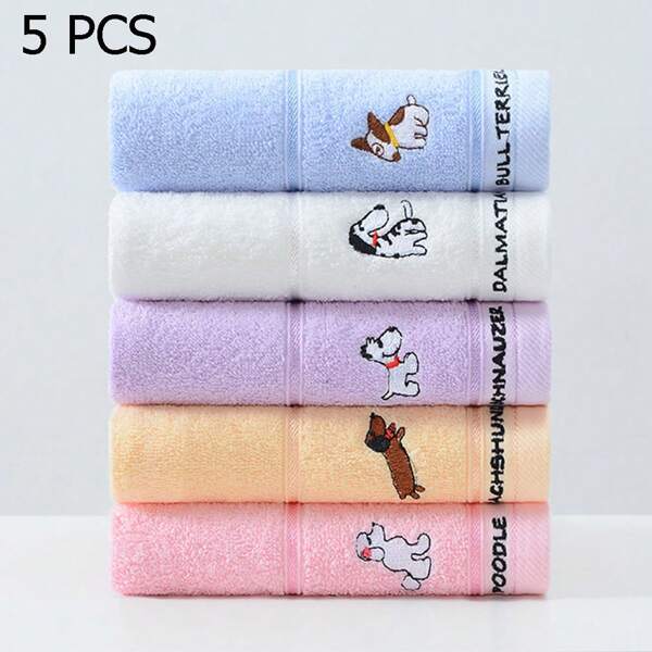 5pcs Baby Puppy Pattern Soft 100% Cotton Embroidered Towels, Suitable For Daily Bathing