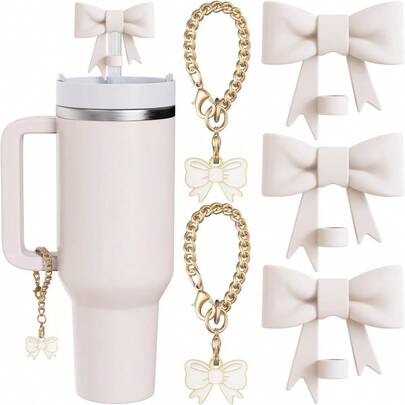 QY Compatible With Stanley Cup Accessories 3Pcs 10mm Bow Straw Topper Compatible With Stanley Cup Straw Cover Cap 2pcs White Bow Charms For Stanley 3040 Oz Tumbler With Handle 2216