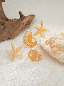 6pcs Exaggerated Ocean Elements Shell, Fan Conch, Starfish Design Rings, Vintage Bohemian Faux Pearl Decor Alloy Adjustable Rings Set, Personalized Unique Design For Women Daily & Holiday Wear - Starfish Ring - View 7