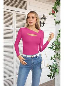 Womens Fashion Fall Cutout Long Sleeve Ribbed Slim Fitted Tops Shirts Tee Tshirts - Long-pink - View 3