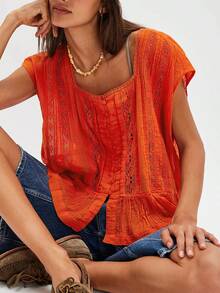 Women Button Down Ruffle Boho Tops Flowy Sheer Short Sleeve Square Neck Lace Blouse Y2k Going Out Blouse Loose Summer Vacation Vest - 橘色 - 查看 2