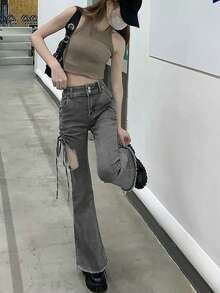 女士时尚镂空抽绳磨边喇叭裤脚牛仔裤 - 灰色 - 查看 3