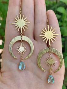 1pair Hippie  Sun Crescent Earrings Brass Color Witchy Jewelry Bohemia Birthday Magical Clear Stone Point Women Fashion Gift
