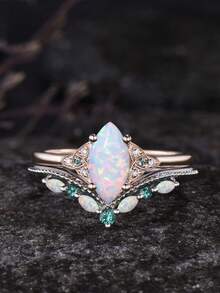 3pcs Luxury Women's Ring Set - Marquise Cut Opal, Faux Gemstone, Party Style Jewelry Gift For Fashionable Women - Bạc - Xem 9