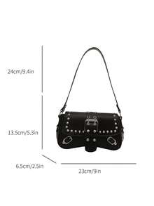 Fashionable Solid Color Rivet Decoration Armpit Foreskin Buckle Flip Shoulder Bag, Suitable For Shopping, Wallets, Shopping, Young Women, College Students, Newcomers, White-Collar Workers. They Are Very Suitable For Offices, Universities, Work, Business, Commuting, Outdoor Activities, Travel, And Outings - Black - View 3