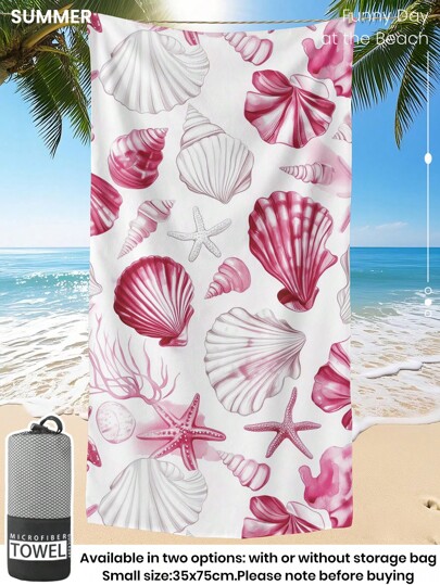 1pc Printed Beach Towel, Pink Conch Pattern Swim Towel, Bath Towel, Fashion Style Beach Towel, Super Absorbent Bath Towel For Bathroom, Swimming, Fitness, Yoga, Soft And Comfortable Microfiber Towel, Lightweight And Portable, Wind And Sun Protection, Sandproof For Summer Travel, Vacation Holiday Bathroom Decor, Recommend Regular Sizes And Larger Sizes, (35*75cm Small Size Towel,150cm Or Above Recommended)