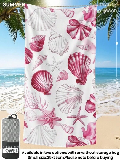 1pc Printed Beach Towel, Pink Conch Pattern Swim Towel, Bath Towel, Fashion Style Beach Towel, Super Absorbent Bath Towel For Bathroom, Swimming, Fitness, Yoga, Soft And Comfortable Microfiber Towel, Lightweight And Portable, Wind And Sun Protection, Sandproof For Summer Travel, Vacation Holiday Bathroom Decor, Recommend Regular Sizes And Larger Sizes, (35*75cm Small Size Towel,150cm Or Above Recommended)