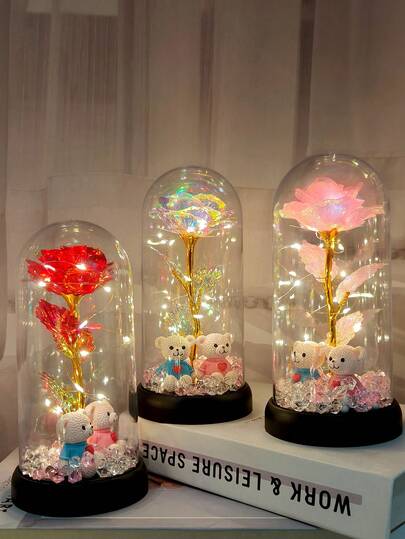 Regali di Natale e San Valentino, orsetto di diamanti con rose, copertura in plastica, regalo per moglie, madre, Festa della Mamma, laureati, fiore eterno, regali per compleanni e anniversari, decorazioni per la casa