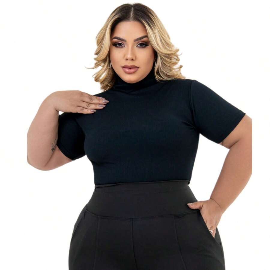 Cacharrel Women's Plus Size Blouse Short Sleeve High Neck Ribbed GG To G3 - 黑色 - 查看 1