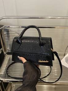 Lightweight Business Casual Square Handbag, Dual Handles, Embossed Crocodile Skin Pattern Letter Design, Suitable For Teenagers, Women, College Students, Young Professionals And Office Workers, Perfect For Office, University, Work, Business, Commuting, Outdoor Activities, Travel And Leisure - Black - View 7
