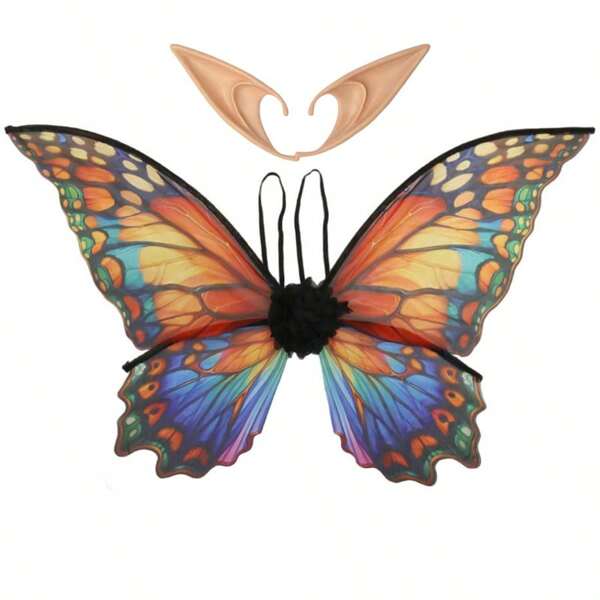 2pcs 2025 New High Quality Realistic Butterfly Wings + Elf Ears Combination Set, Festival Celebration Costume Elf Realistic Wings, Ears Prop Combination, Ideal For Party, Festival Masquerade