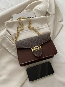 时尚字母印花链条肩带单肩包，百搭简约女士翻盖斜挎包