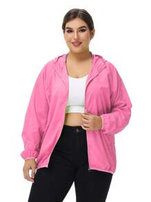 1pc Outdoor Women's Lightweight Solid Color Long Sleeve Casual Jacket, Zipper Hooded Plus Size Jacket, Water-Repellent Fabric Outerwear, Sunblock