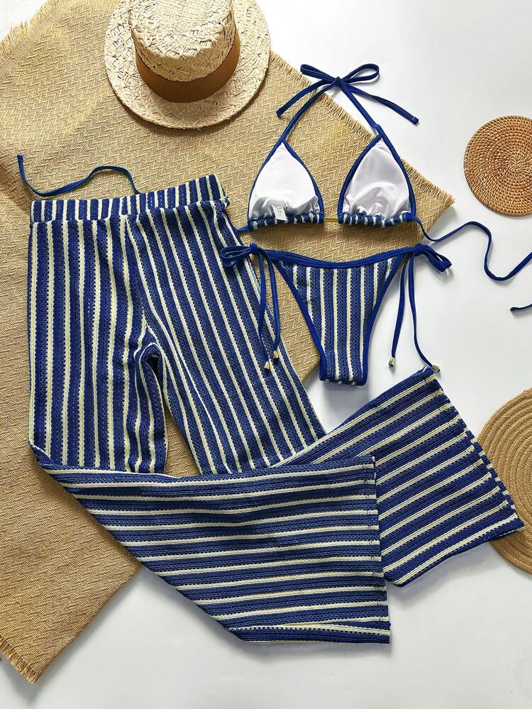 3 Peças Conjunto de Maiô Bikini de Crochê Feminino, Calça Saída de Praia, Roupa de Banho Estilo Europeu, Adequado para Férias de Verão, Páscoa, Festivais, Passeios, Noites de Encontro, Todas as Roupas Femininas, Outono - Azul Marinho - Visão 3