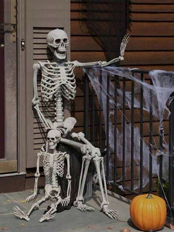 1pc 65 Inch/35 Inch Large Plastic Halloween Skeleton With Movable Joints - Durable, Weather-Resistant, No Electricity Needed, Suitable For Indoor/Outdoor Halloween Decorations, Haunted House And Graveyard Props, Outdoor Halloween Decor, Haunted House Decoration