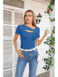 Womens Fashion Fall Cutout Long Sleeve Ribbed Slim Fitted Tops Shirts Tee Tshirts - 短藍 - 查看 2